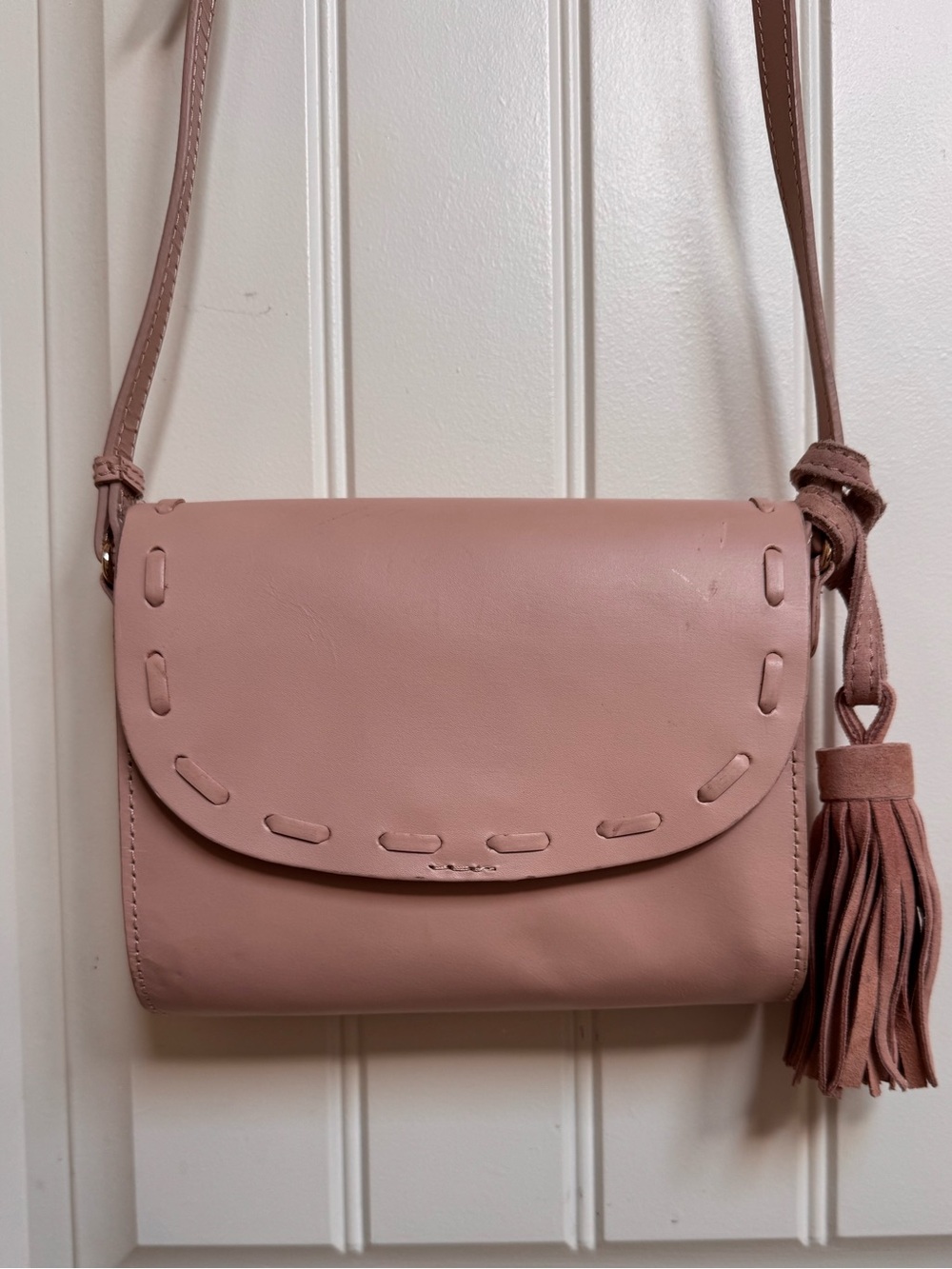Zara Collection Blush Pink Buffalo Leather Purse with Tassel. 7.5” by 6” by 2”